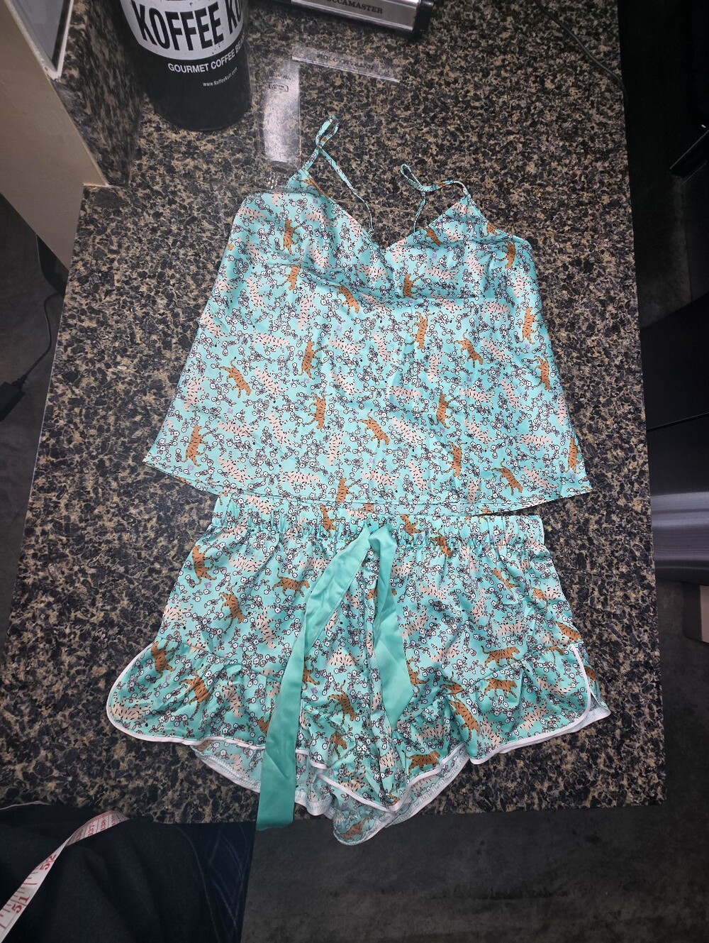 Victoria's Secret Teal Floral & Leopard Print Satin Cami Set Size XS